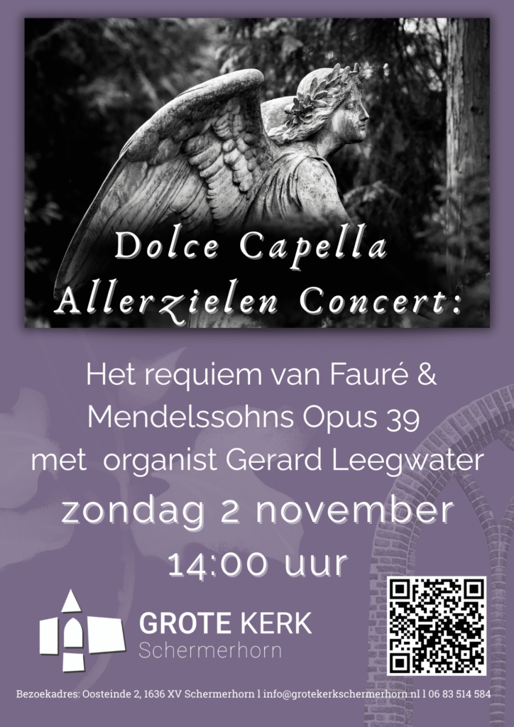 Het vocaal vrouwenensemble Dolce Capella herdenkt met een geheel vrouwelijke uitvoering van het Requiem van Fauré. Het concert vindt plaats op zondag 2 november om 14:00 uur in de Grote Kerk. Het meesterwerk van Fauré is lichter en hoopvoller dan je van een requiem zou verwachten. Fauré schreef het dan ook niet volgens regels en traditie maar recht uit het hart, tickets van nu verkrijgbaar