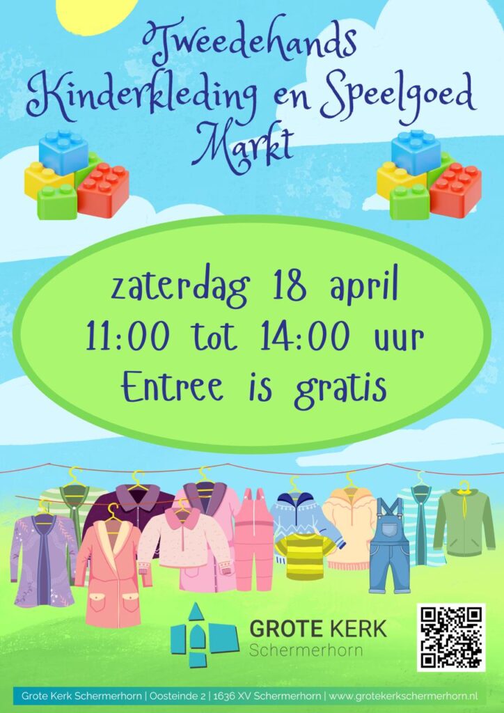 Op zaterdag 18 april organiseert de Grote Kerk in Schermerhorn een gezellige tweedehands markt voor kinderkleding, speelgoed en kinderbenodigdheden (zoals badjes en kinderstoelen)