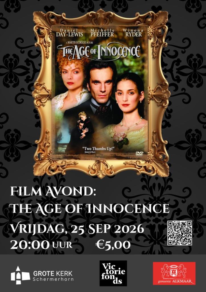 Kom op vrijdag 25 september om 20.00 uur naar de Grote Kerk Schermerhorn voor de opening van onze bijzondere tentoonstelling van twee weekenden: 'Het verhaal van de jongen die de oceaan overstak'. We beginnen met Martin Scorsese’s geprezen film uit 1993 The Age of Innocence, met Daniel Day-Lewis, Michelle Pfeiffer en Winona Ryder. De film speelt zich af in het New York van de jaren 1870 en voert ons mee naar de wereld van oude New Yorkse families, waar traditie, ambitie, liefde en sociale verwachtingen met elkaar botsen.